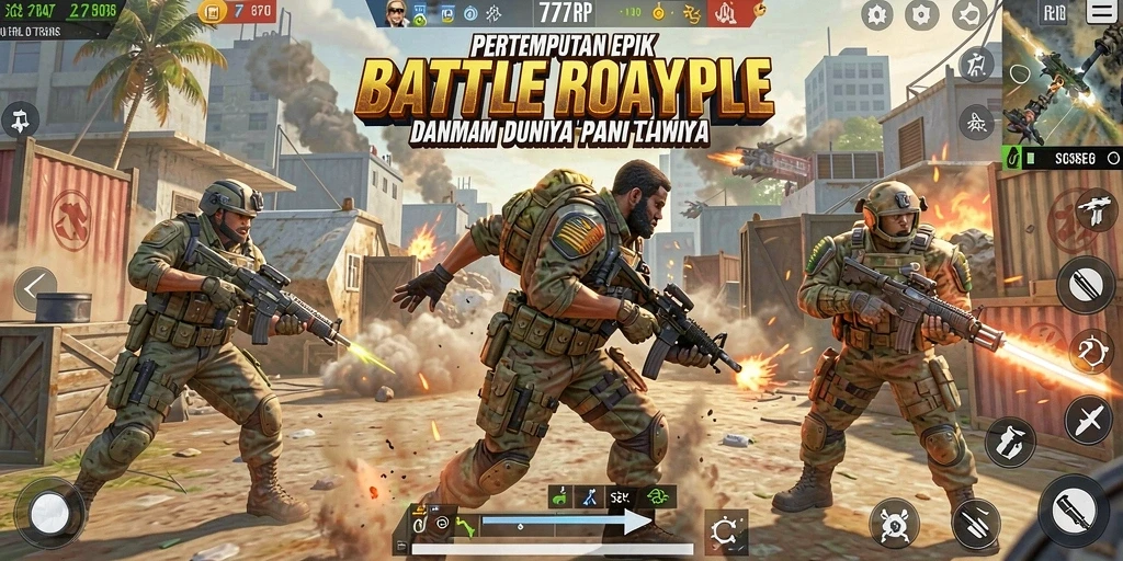 Screenshot gameplay 77RP menampilkan aksi pertempuran Battle Royale yang mendebarkan.