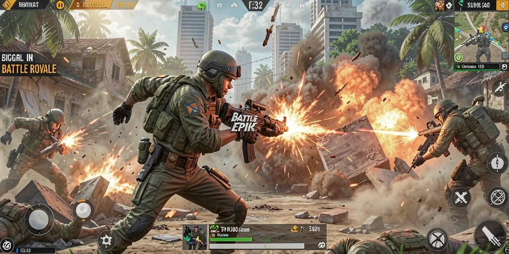 Tangkapan layar F32 yang menunjukkan aksi pertempuran intens Battle Royale.