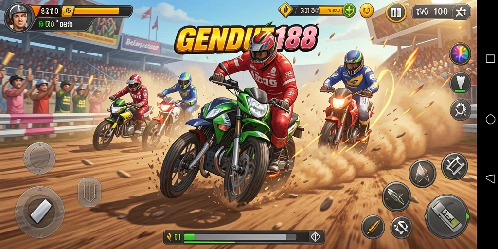 Tampilan gameplay balapan motor yang mendebarkan di GENDUT188.