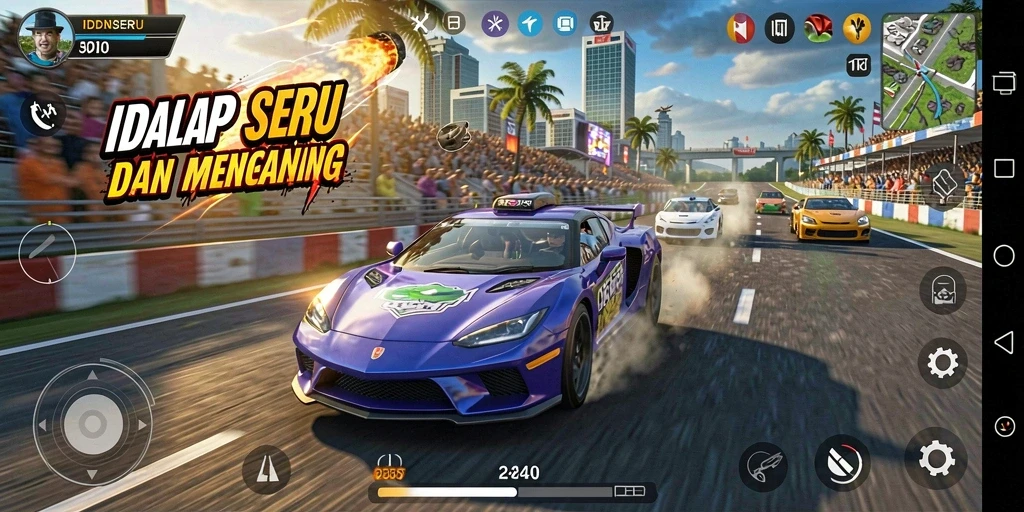 Screenshot gameplay IDNSERU menampilkan mobil balap melaju kencang di lintasan.