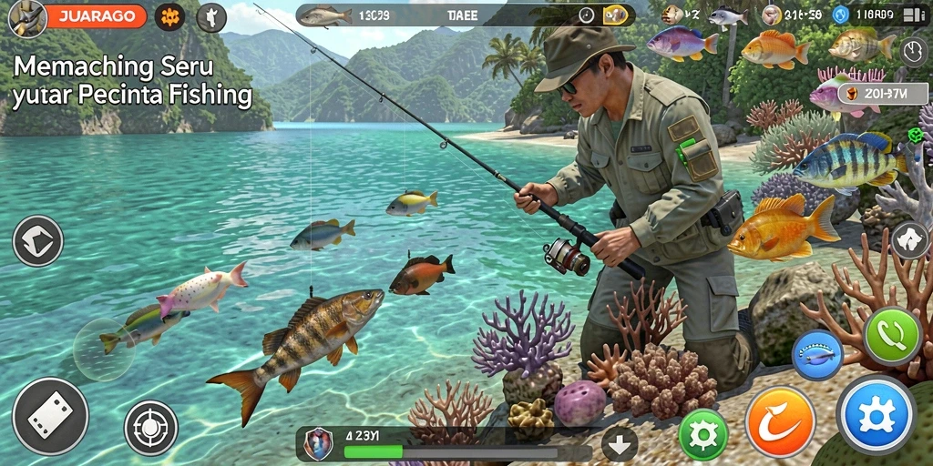 Screenshot gameplay JUARAGO yang menampilkan suasana memancing yang menawan.