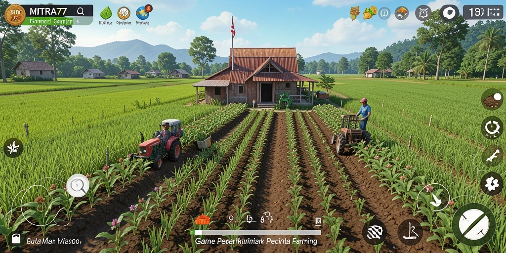 Tangkapan layar gameplay MITRA77 yang menunjukkan keseruan bertani.