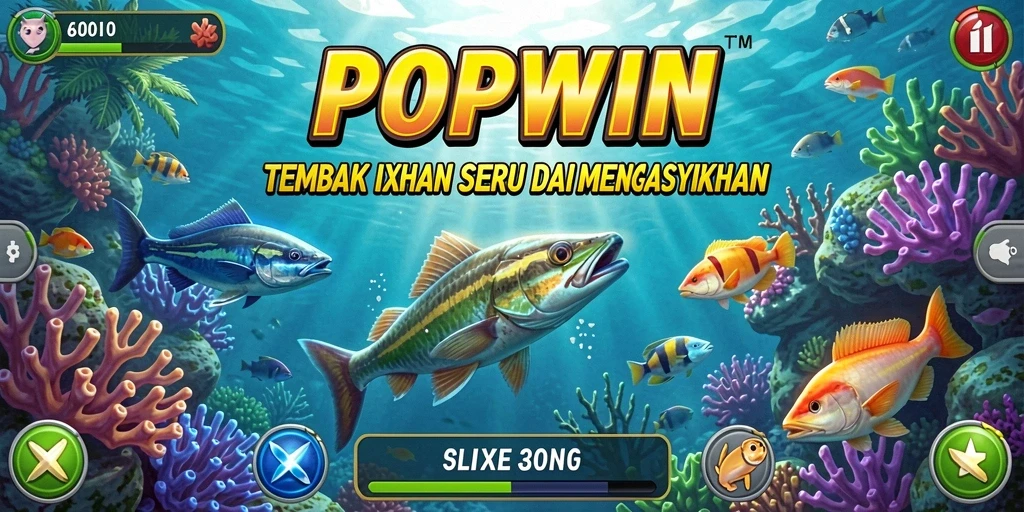 Tangkapan layar utama dari gameplay <strong>POPWIN</strong> dengan aksi tembak ikan yang mendebarkan.