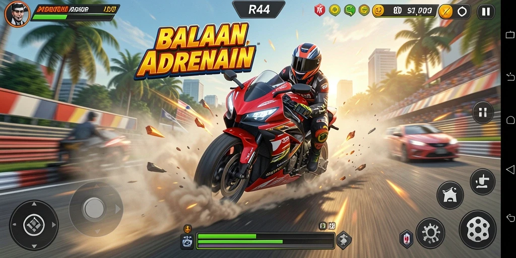Tampilan gameplay RR44 yang seru saat balapan motor.