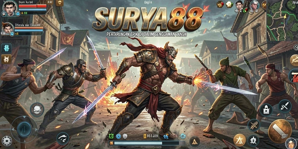 Screenshot gameplay SURYA88 dengan karakter bertarung di arena.