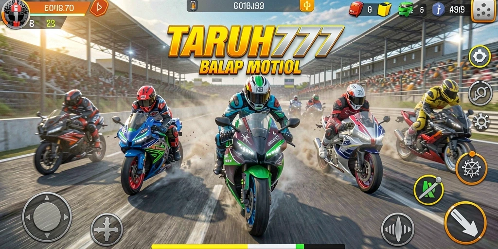 Gameplay TARUH777 yang intens dan mendebarkan saat balapan motor.